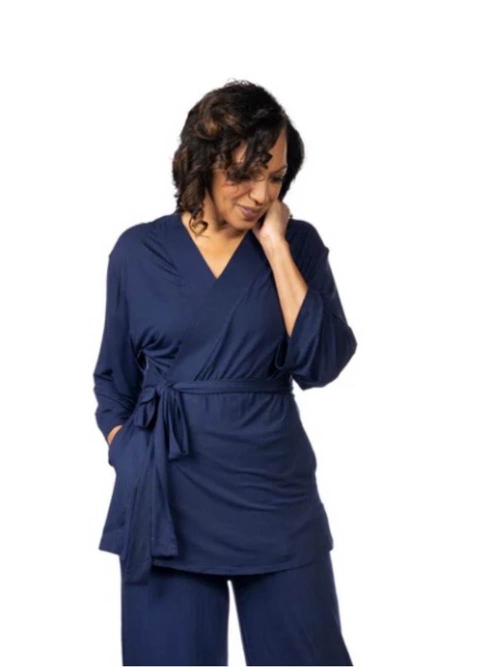 Kick It Womens Large Home Recovery Long Wrap Style Pajama Top Size M Navy
